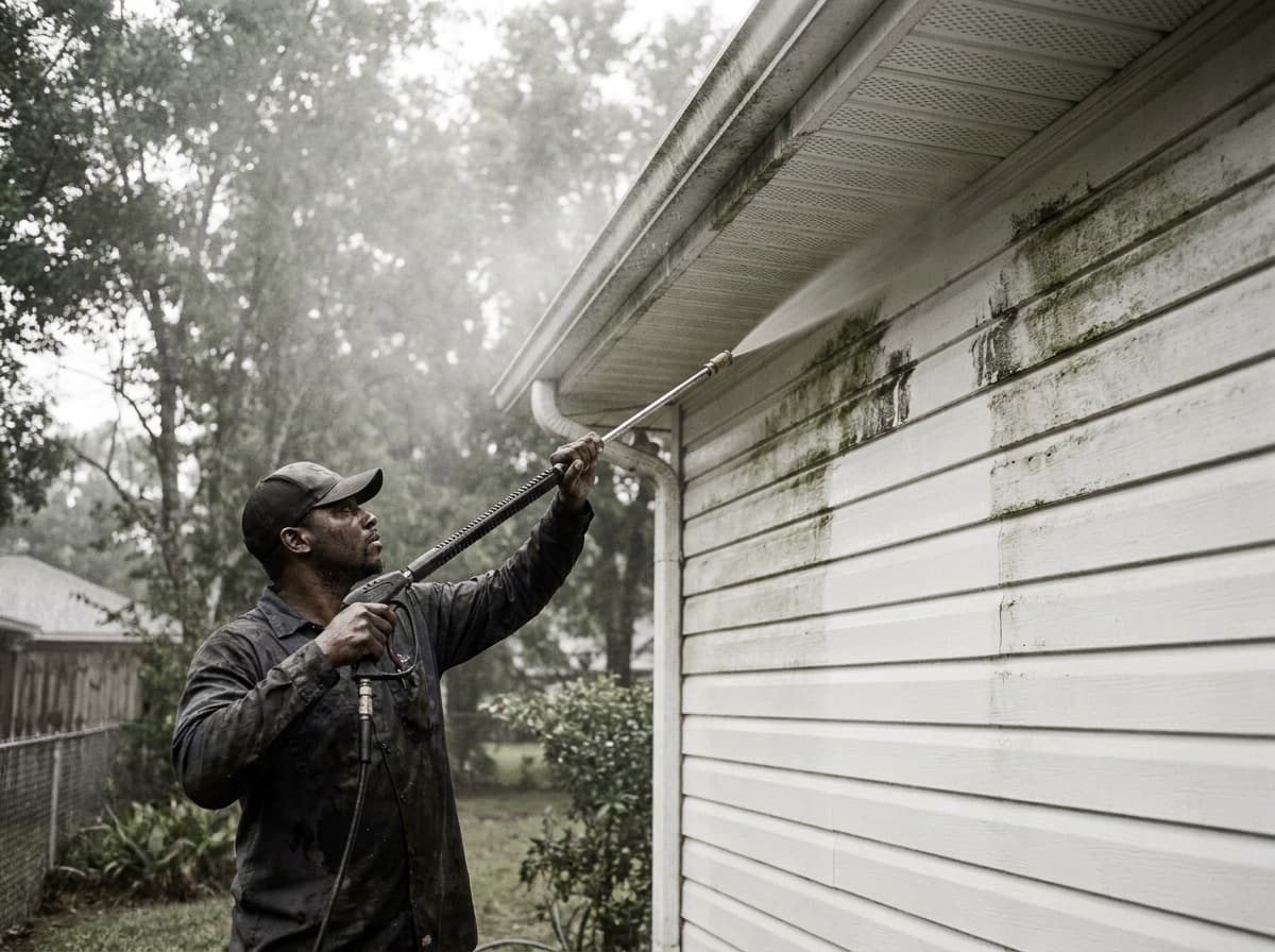 Washing the siding of a home in West Baton Rouge